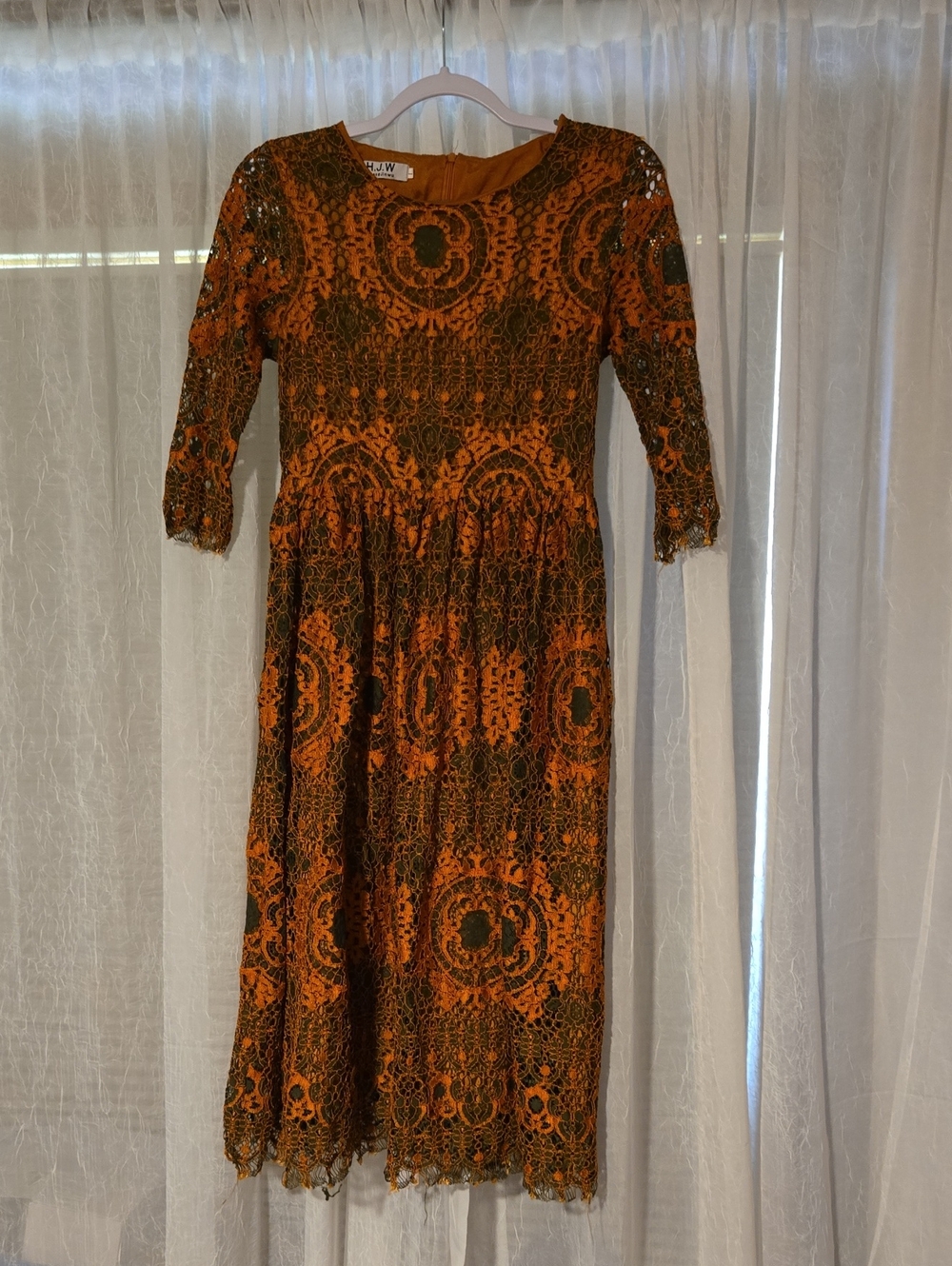 Vintage-Inspired Orange Lace Midi Dress